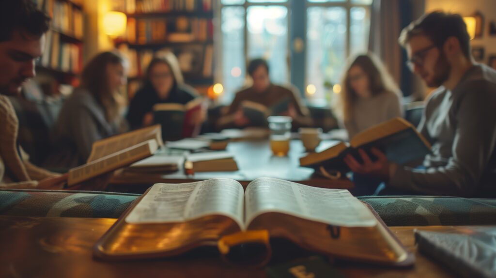 Cozy Bible Study Group Gathering in a Warm, Inviting Room with Books and Soft Lighting Cozy bible study group gathering in a warm, inviting room with books and soft lighting